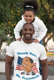 Model wearing "Thank You, Mr. President" Eyes Left Smile Barack Obama T-Shirt in White