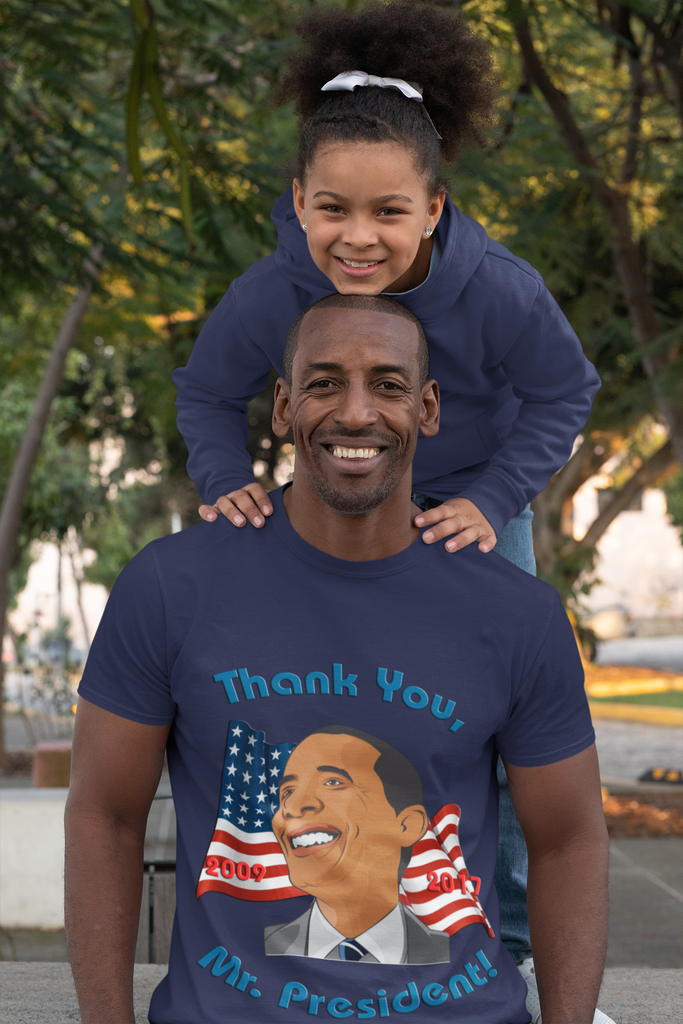 Model wearing "Thank You, Mr. President" Eyes Left Smile Barack Obama T-Shirt in Navy