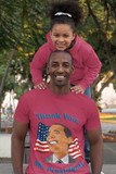 Model wearing "Thank You, Mr. President" Eyes Left Smile Barack Obama T-Shirt in Heather Red