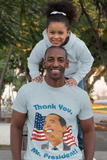 Model wearing "Thank You, Mr. President" Eyes Left Smile Barack Obama T-Shirt in Heather Ice Blue