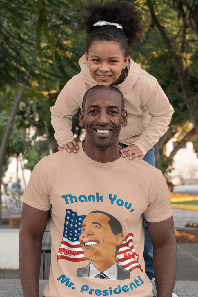 Model wearing "Thank You, Mr. President" Eyes Left Smile Barack Obama T-Shirt in Heather Peach