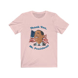 Model wearing "Thank You, Mr. President" Eyes Left Smile Barack Obama T-Shirt in Soft Pink