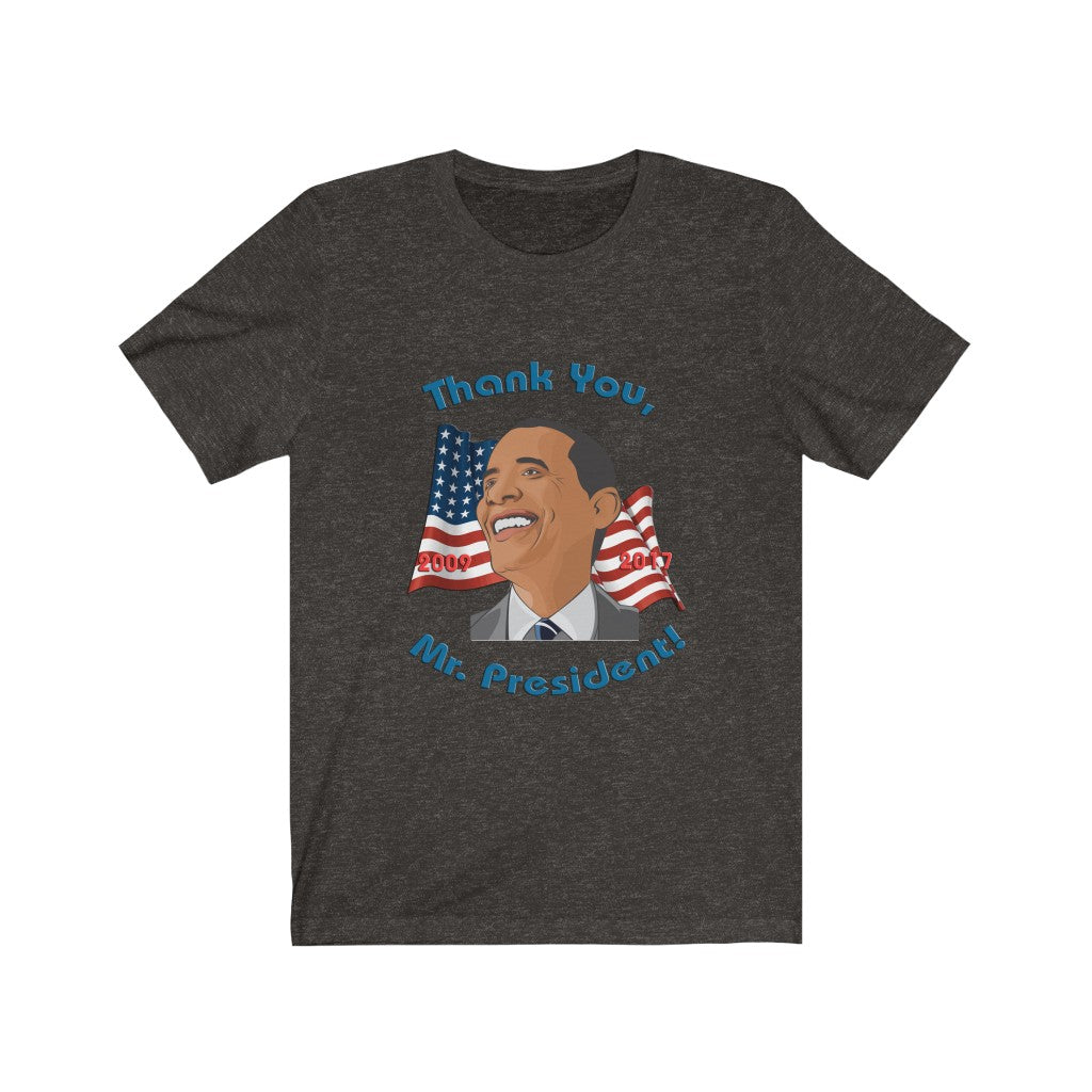 Model wearing "Thank You, Mr. President" Eyes Left Smile Barack Obama T-Shirt in Black Heather