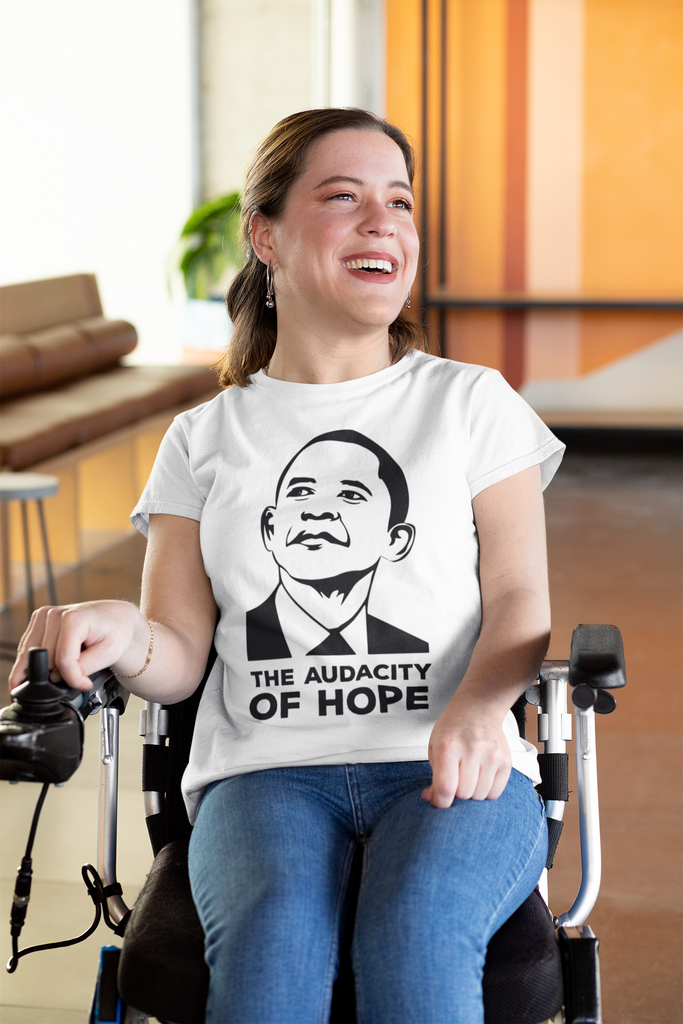 Female model wearing President Barack Obama T-Shirt with "The Audacity of Hope" quote