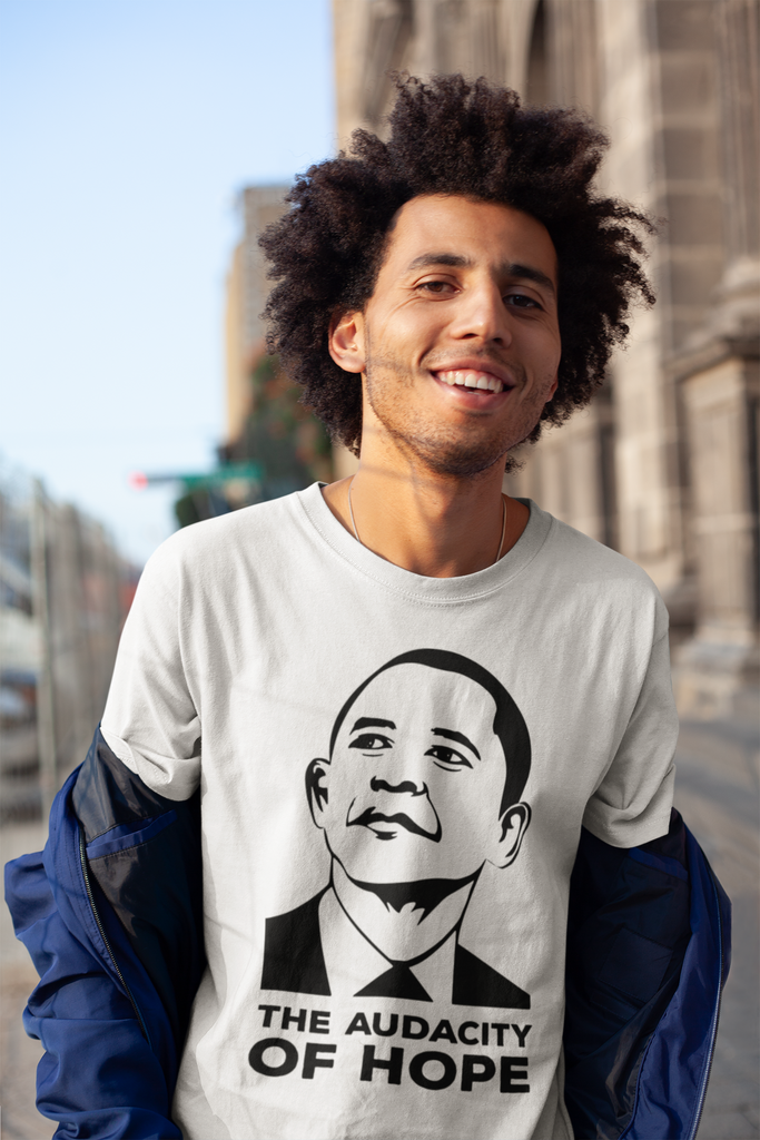 Male model wearing President Barack Obama T-Shirt with "The Audacity of Hope" quote