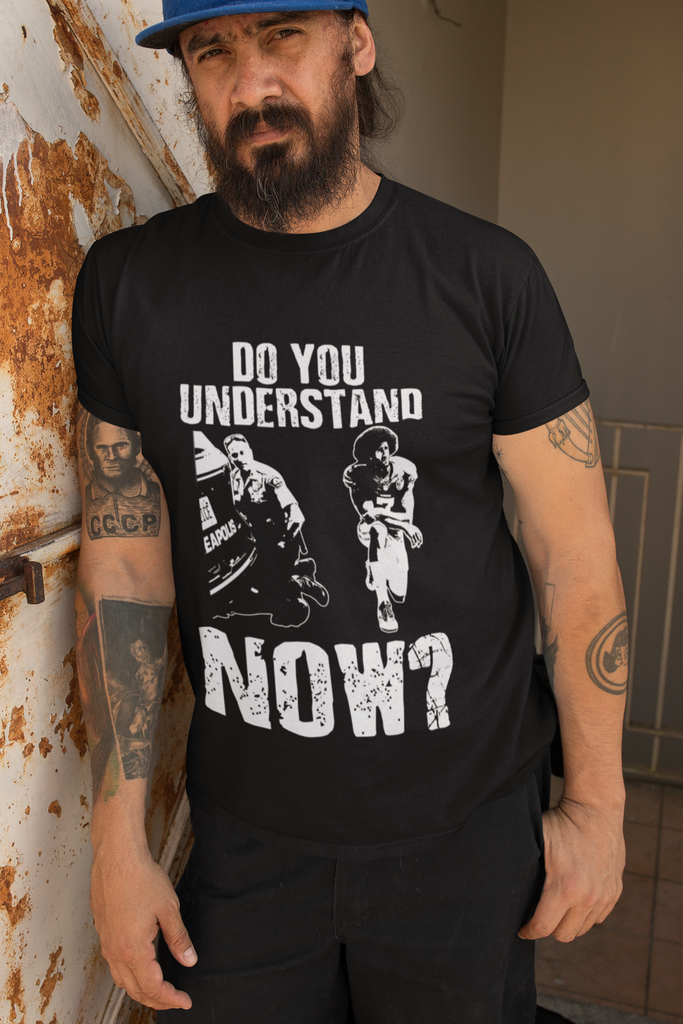 Male model wearing Do You Understand Now? Black and White T-Shirt with George Floyd Colin Kaepernick kneeling, Black Lives Matter